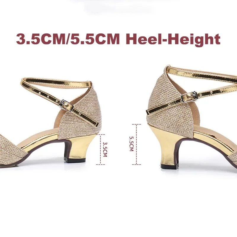Glitter Women Latin Dance Shoes Toeless Ballroom Salsa Tango Practice Low heels 3.5/5.5cm Adult Party Lace Up Dance Shoes Gold