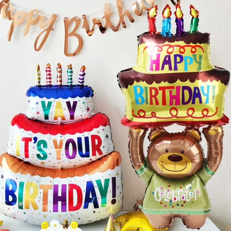 3-Layer Large Cake Balloons  Birthday Cartoon Bear Cake Foil Balloons for Kids Birthday Party Decoration Props Ballon Toys