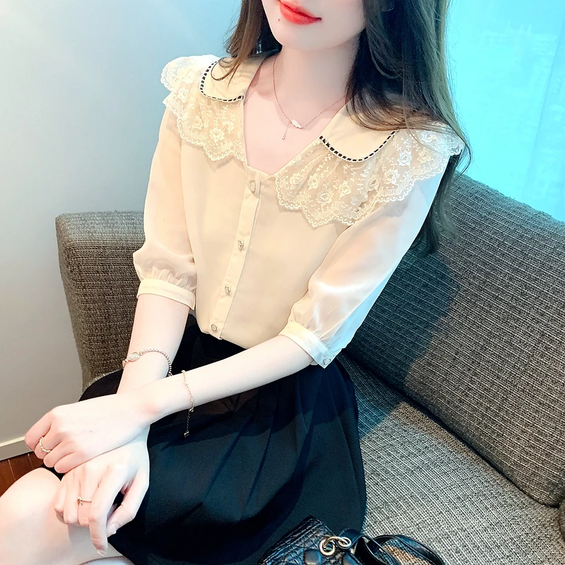 Summer Short Sleeve Lace Doll Collar Women Shirt Chiffon Shirt Blouse Women Tops Blusas Mujer De Moda 2024 Verano Shirts G510