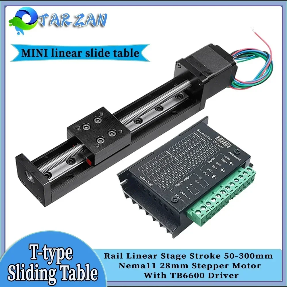 CNC Mini T-type Motorized Sliding Table Linear Rail Platform 50-300mm Nema11 Motor Drive Kit Electric Linear Stage X Y Z Axis