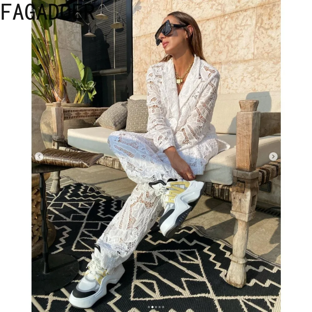 FAGADOER Fashion Solid Color Hollow Lace Brazer Two Piece Sets Women Turndown Collar Long Sleeve Coats And Pant Outfits Clothing