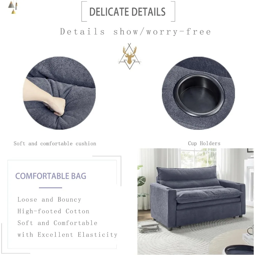 أريكة سرير متعددة الوظائف مقاس 56 بوصة، أريكة نوم مع مرتبة قابلة للسحب، فوتون مستلق 3 في 1 مع حاملات أكواب، St معاصر