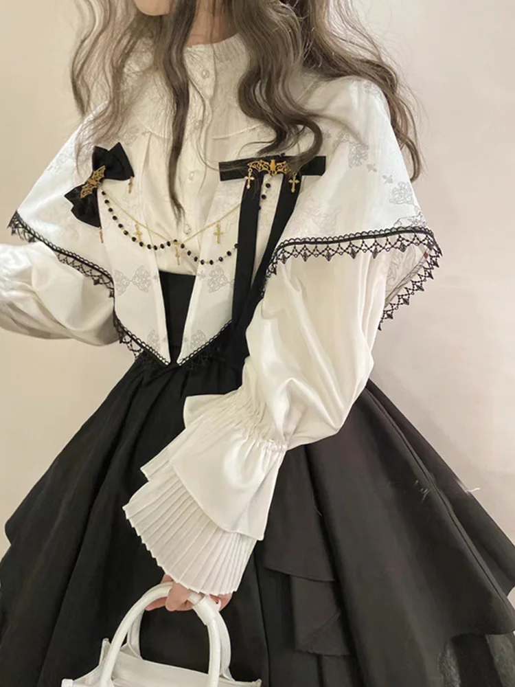 Lolita Dress Court Style Women\'s Two Piece Lantern Sleeve Shirt Tunic SK Organ Pleated Petticoat Lolita