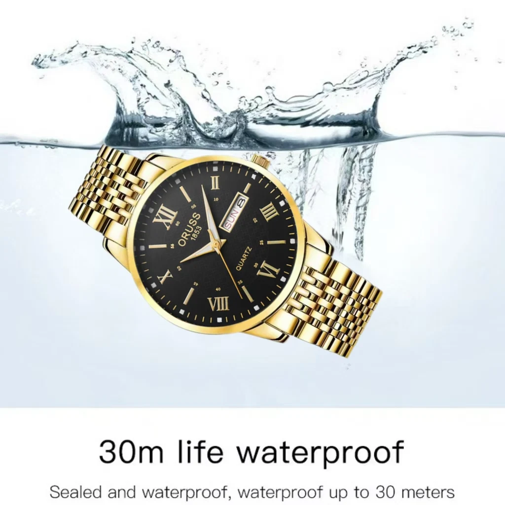 ORUSS оригинальные мужские часы из нержавеющей стали с двойным календарем, водонепроницаемые светящиеся роскошные золотые часы, модные кварцевые мужские наручные часы, лучший бренд