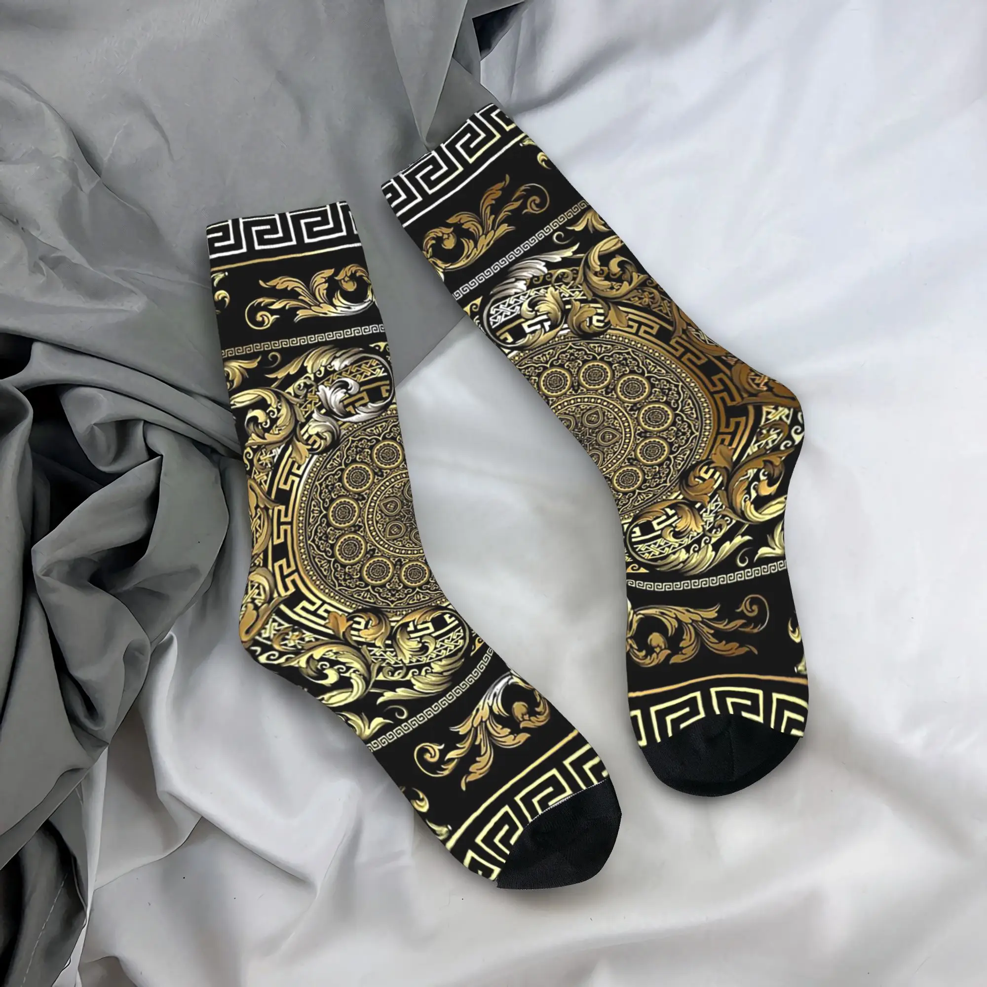 

Всесезонные носки с узором «греческие ключи», цветочные, в стиле барокко, золотые, в стиле Харадзюку, хип-хоп, длинные носки, аксессуары для мужчин и женщин
