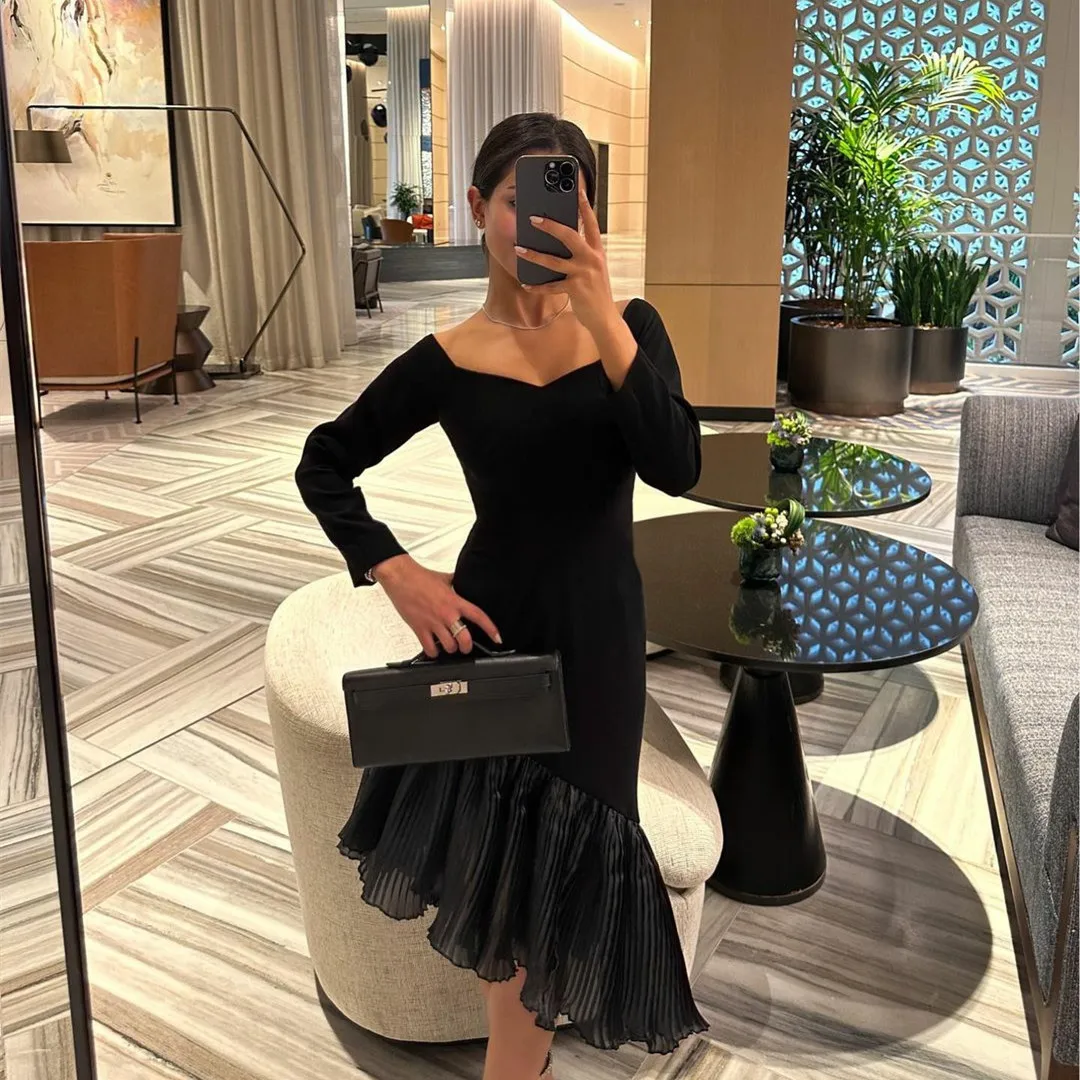 

BridalAffair Elegant Short Black Crepe Evening Dresses Mermaid Long Sleeve Tea Length Robe De Mariée Party Gown For Women