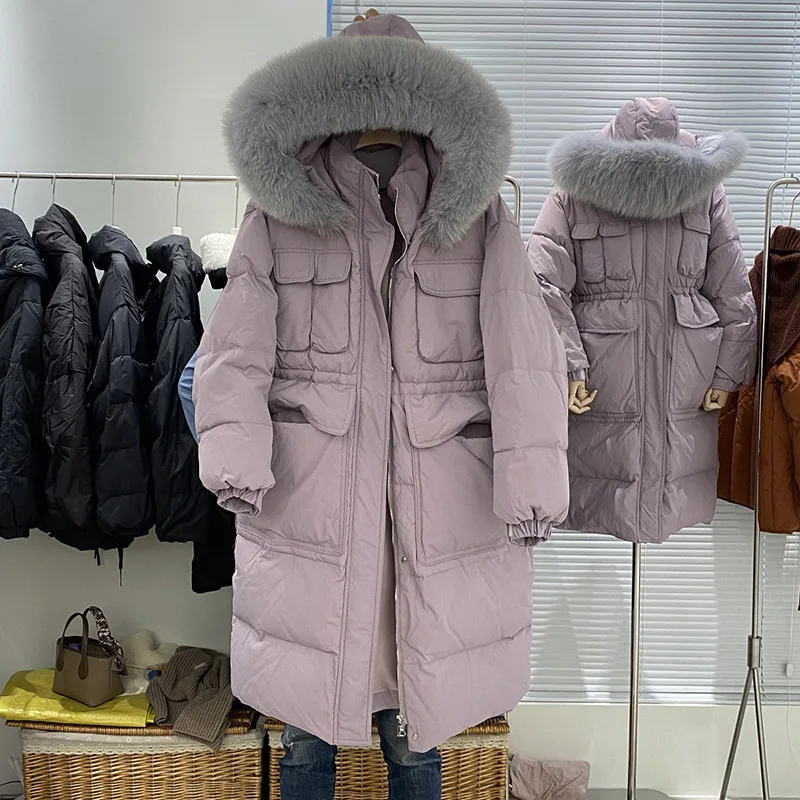 

2023 Real Fox Fur Winter White Duck Down Jacket Women Long Hooded Waterproof Puffer Coat Female Casual Thick Parkas