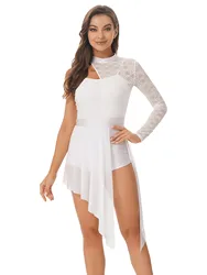 Vestido leotardo de un hombro para mujer, moda de encaje de retazos, vestido de baile con dobladillo asimétrico de malla transparente con abertura