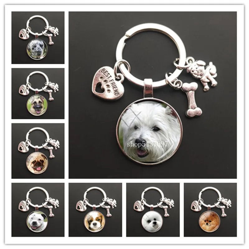 Cute Dog Keychain Kid Friendly French Bulldog Picture Keychain Glass Convex Pendant Metal Ring Key Ring Dog Lovers Gift