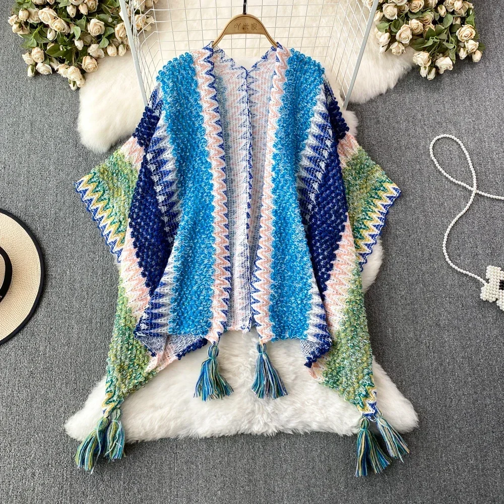 Women Ethnic Style Poncho Capes Ladies Fashion Stripe Colorful Knitted Oversized Bohemian Holiday Female Cardigans Dropshiping