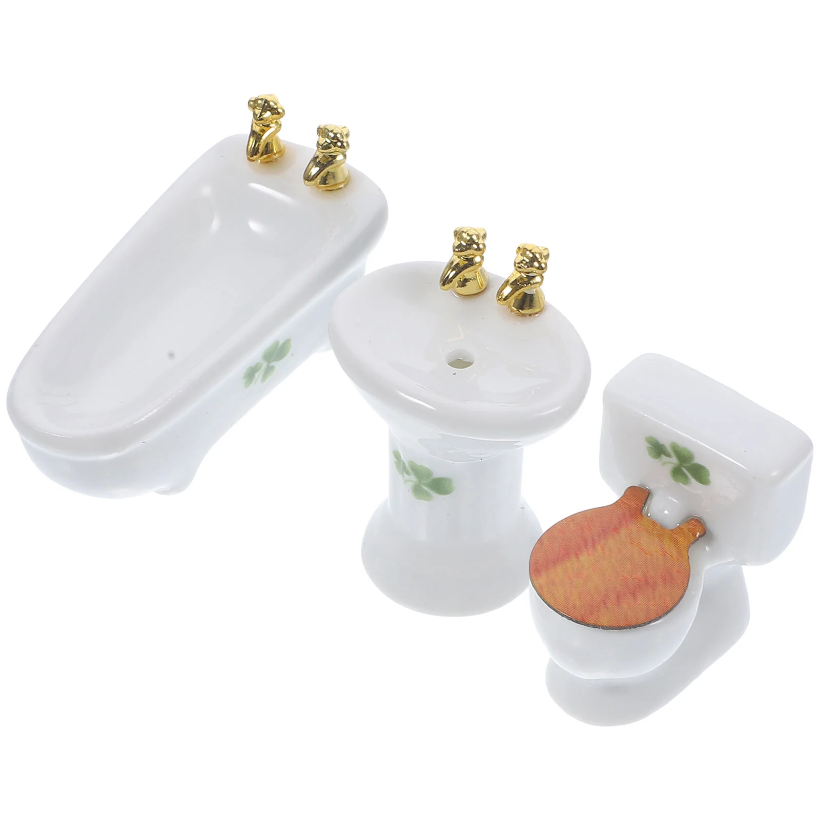 

Ceramics 1:24 DIY Dollhouse Mini Simulation Toilet 3-piece Bathroom Set (four-leaf ) Toy Bathtub Miniature Adorn