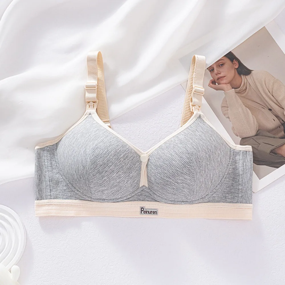 Pure Cotton Double Button Breastfeeding Bra With Thin Gathered Seamless Nursing Bra Anti Sagging No Underwire Front Open Bra
