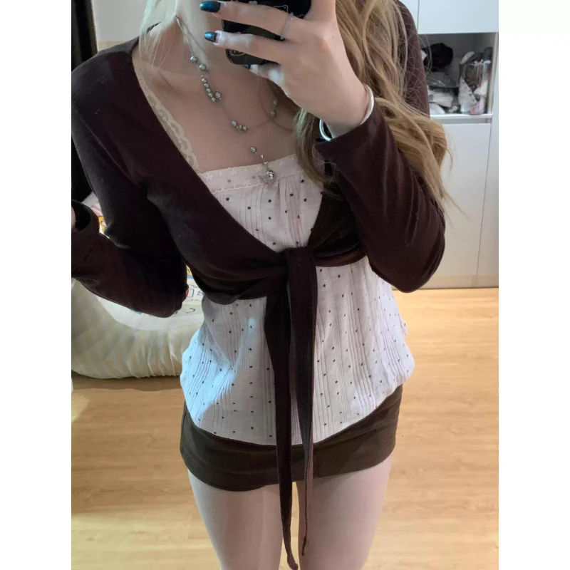 

Deeptown Korean Style Sweet T-shirts Women Elegant Polka Dot Two-piece Set Tees Coquette Fashion Slim Up Long Sleeve T-Shirts