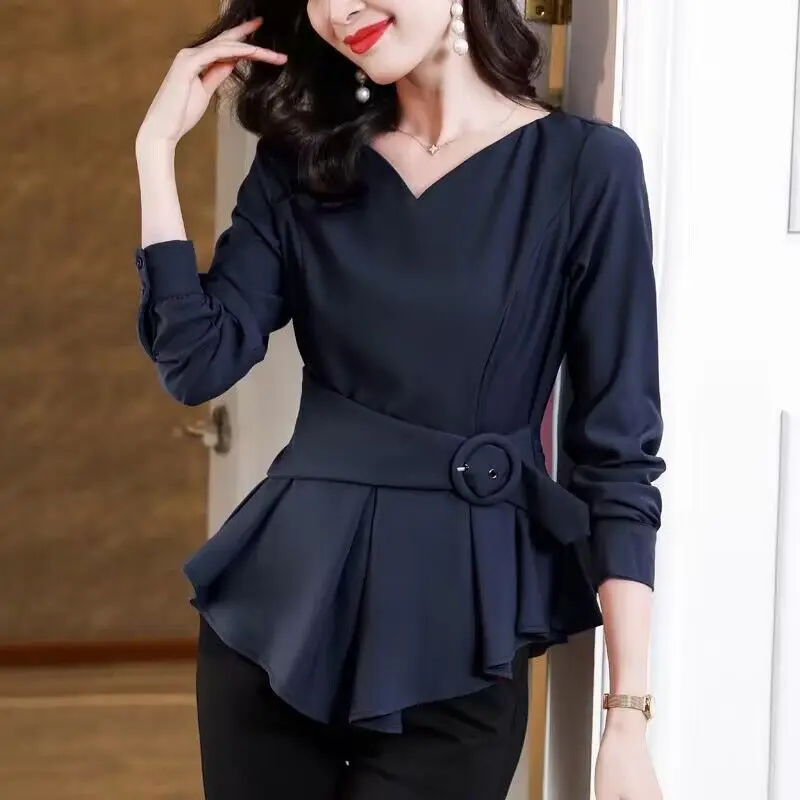 Elegant V-Neck Solid Color Folds Sashes Irregular Blouses Women\'s Clothing 2023 Autumn Loose Casual Tops Office Lady Shirts