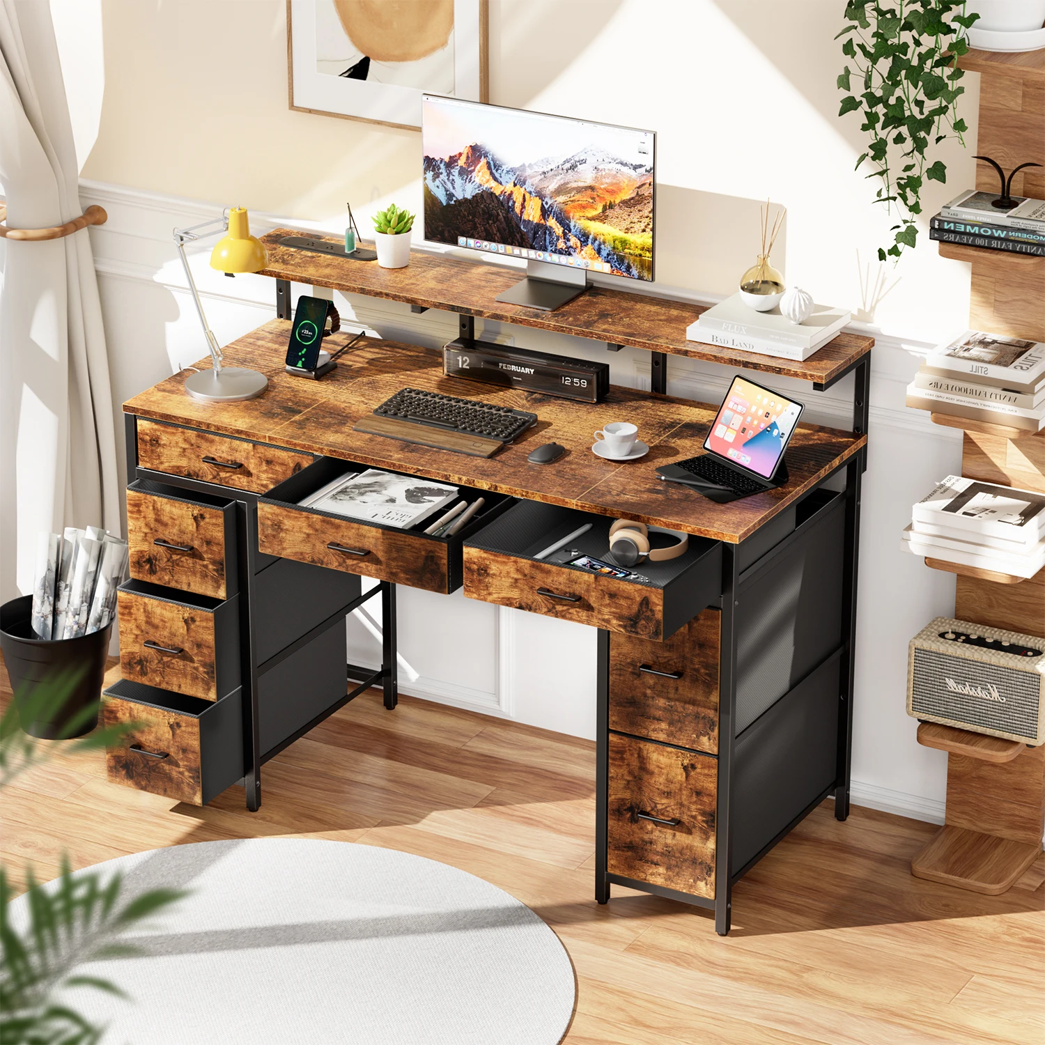 Computer Desk with 8 Storage Drawers, Adjustable Monitor Stand, Writing Desk with LED Lights & USB Power Outlets, Gaming Table