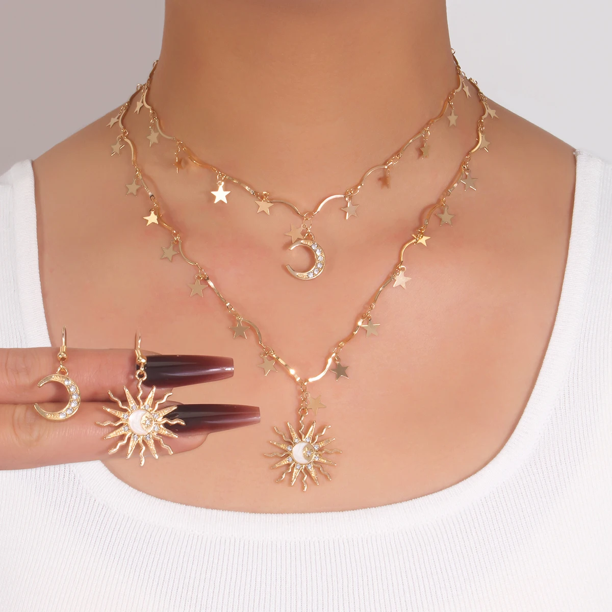 خمر الإبداعية الشمس القمر قلادة غير المتماثلة القرط مكدسة قلادة نجوم المختنق المرأة اليومية يؤرخ مجوهرات الزفاف مجموعة هدية