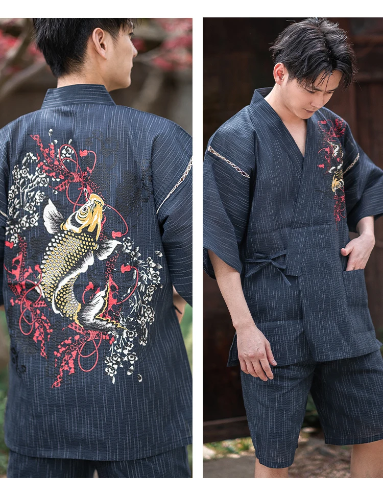 Traditioal Japanese Pajamas Sets Men Yukata Kimono Cotton Male Loose Japan Home Clothing Sleepwear Bathrobe Leisure Wear