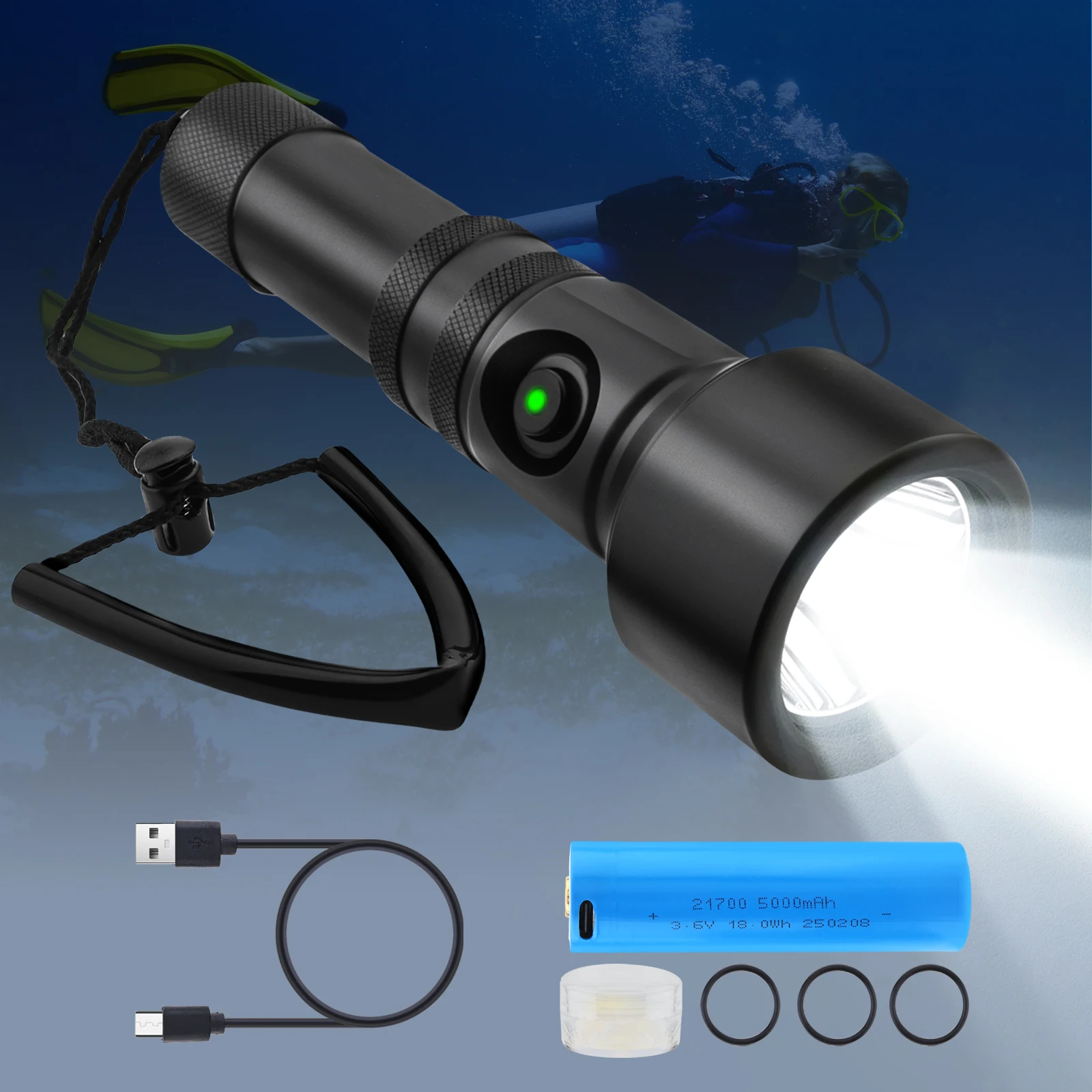 

Professional Diving Flashlight 2100LM Underwater 150 Meters 4 Modes Light 21700 Battery SFT40 LED AL6061-T6 Dive Flashlight