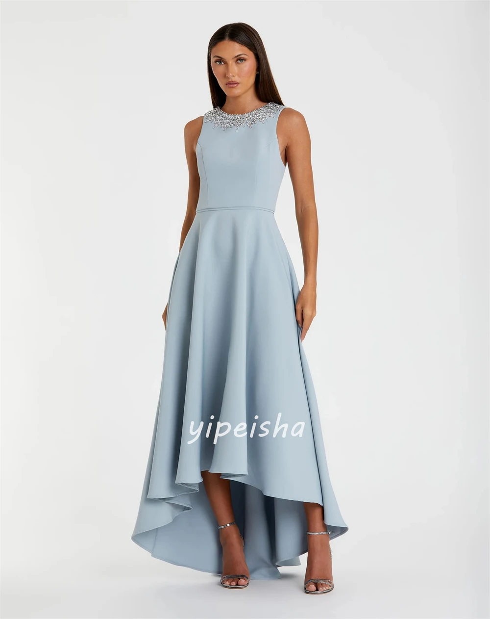 Customized Modern Style Elegant Jersey Rhinestone Sequined A-line Scoop Neck Long Dresses Evening Dresses High Quality Matching