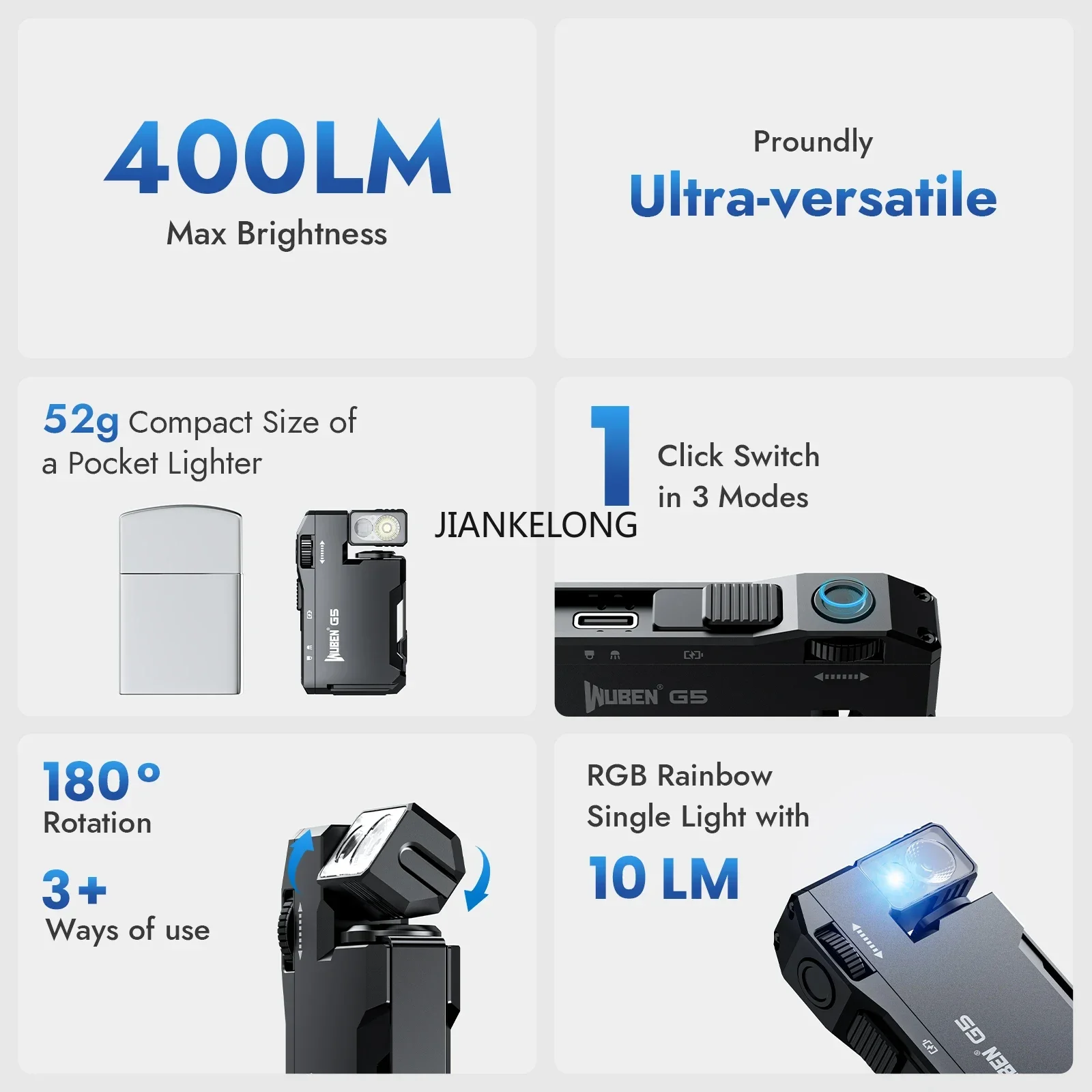 مصباح يدوي WUBEN G5 قابل لإعادة الشحن EDC، 400 لومن مصادر ضوء مزدوجة مصباح يدوي صغير مع ضوء RGB، مصابيح جيب محمولة