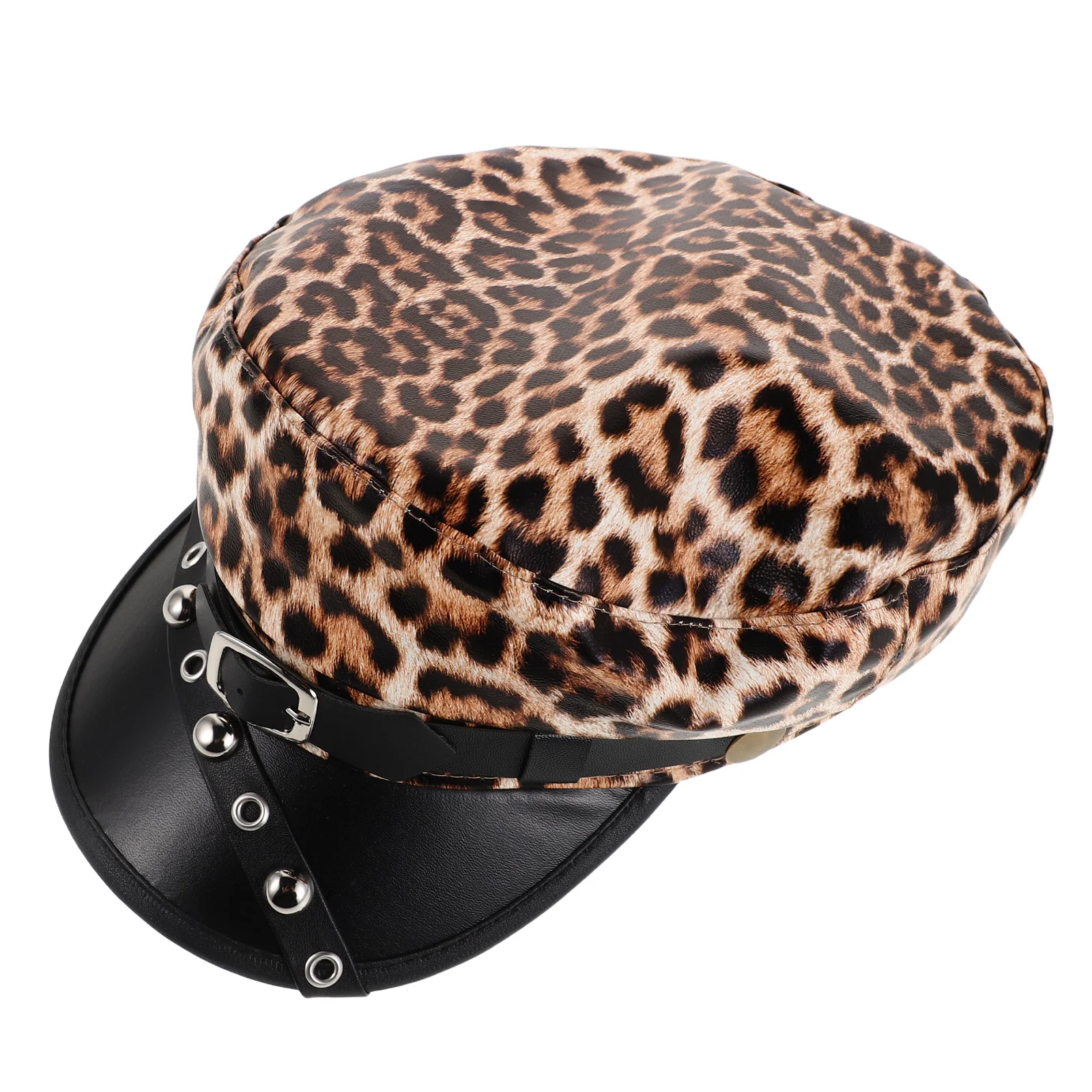

Leopard Print PU Beret Cap Women Punk Studded Newsboy Hat Flat Top Cabbie Cap Winter Warm Artist Caps Berets for Women
