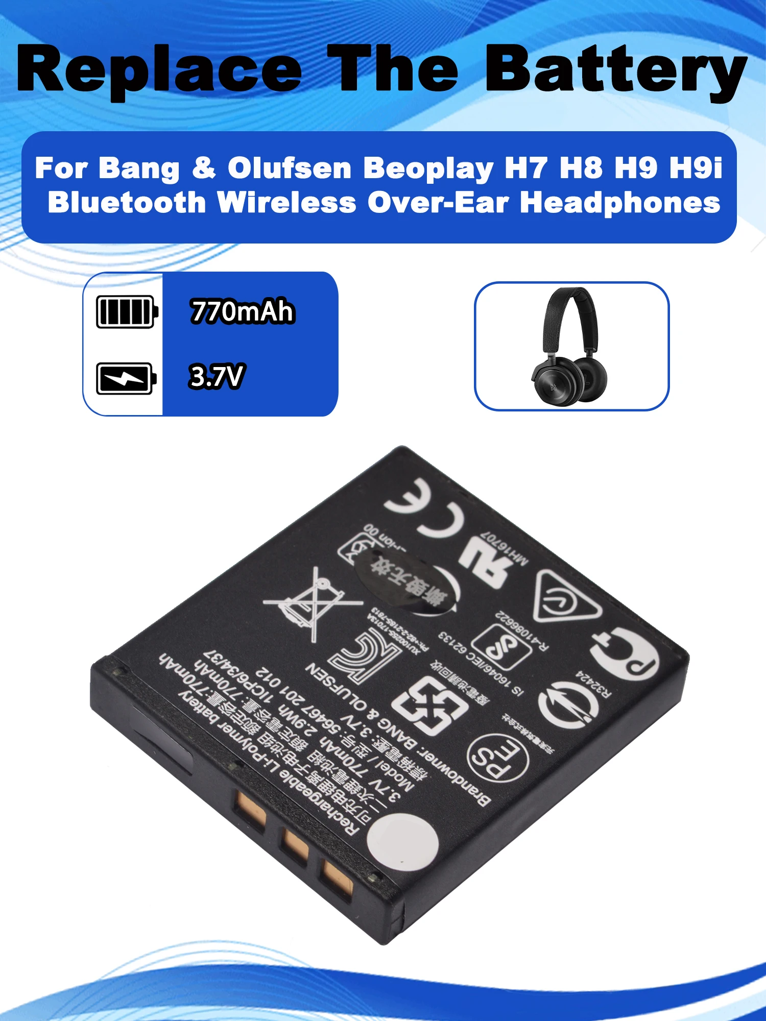 3.7V 56467201012 Replacement Battery For Bang & Olufsen Beoplay H7 H8 H9 H9i Bluetooth Wireless Over-Ear Headphones 770mAh