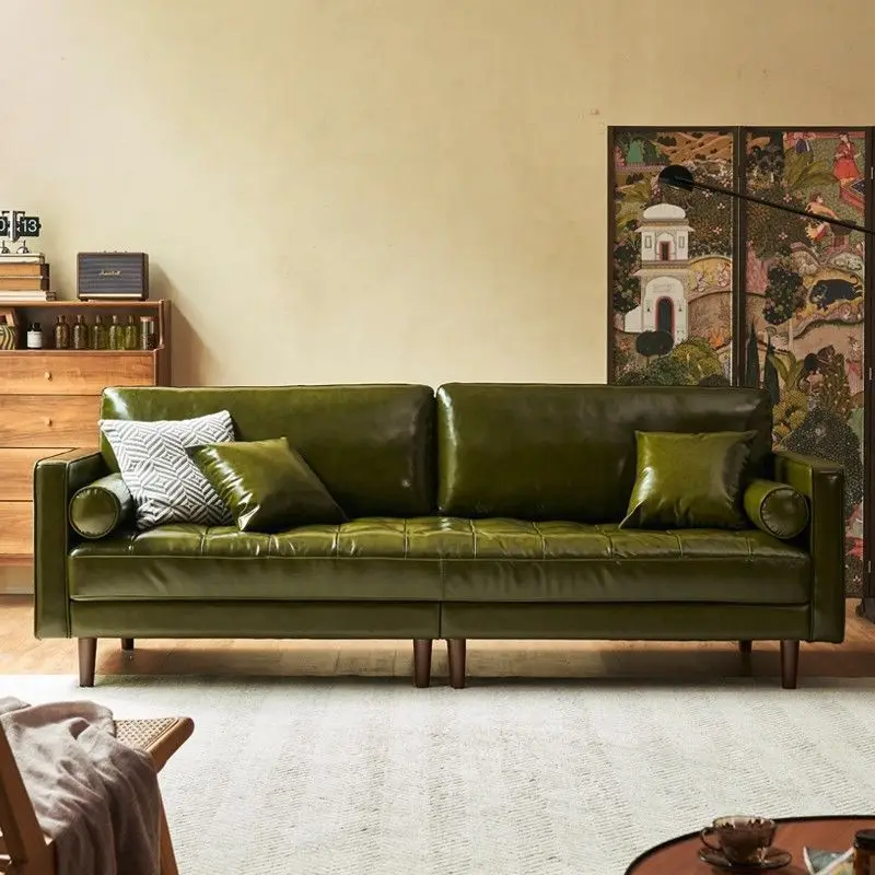 Sofa leather oil wax leather dark green living room small apartment straight row oil wax leather sofa