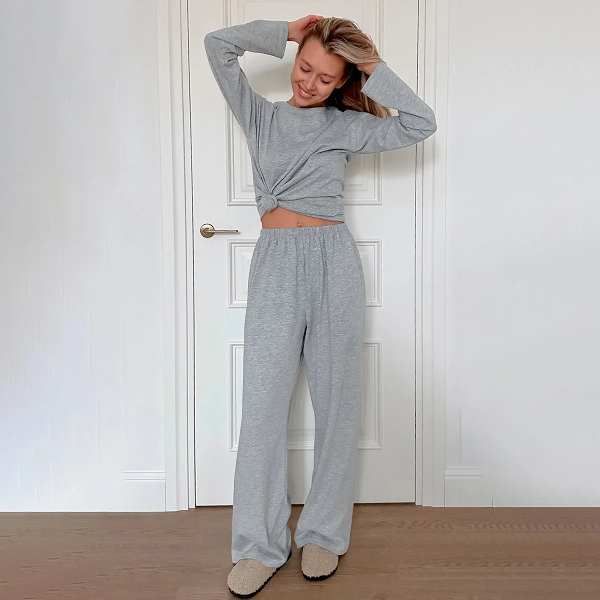 

Gray Long-sleeved Trousers Pajamas Set 2025 New Pajamas For Women Conjuntos Elegante Para Mujeres 2 Piezas Conjuntos Femininos