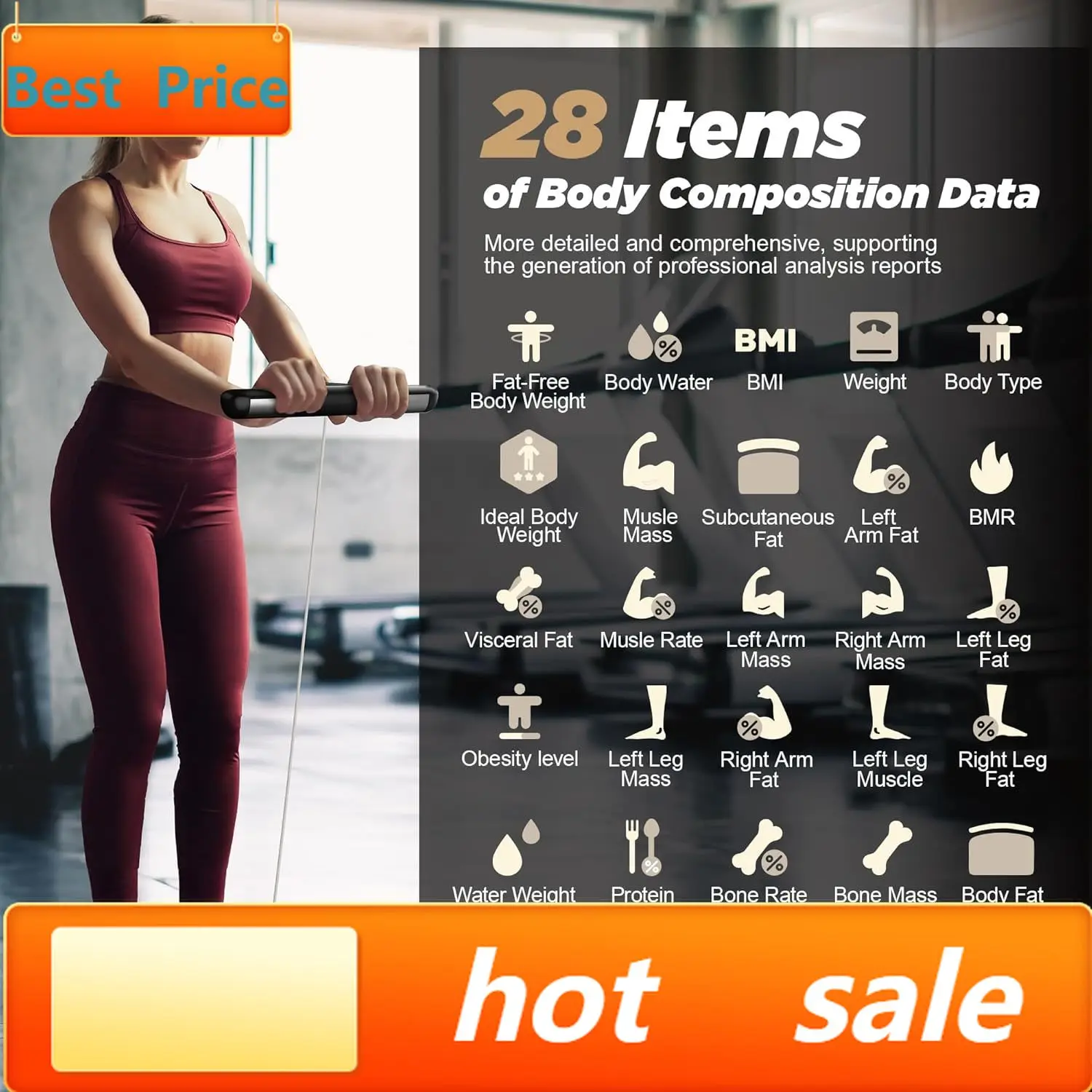 

Популярные весы для измерения веса тела и процентов жира, 8 электродов, высокоточные цифровые весы для измерения ИМТ и состава тела (28 показателей)