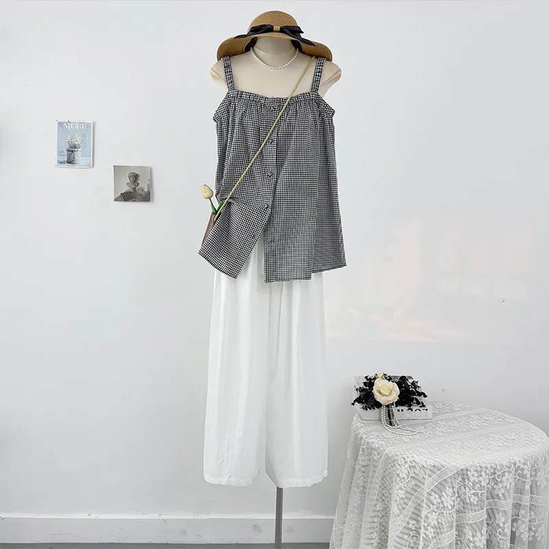 

Sweet contrasting color plaid camisole vest+solid color high waist loose and wide leg casual pants women summer two piece set