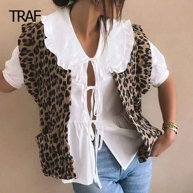 TRAF Women\'s Vest Spring 2024 Leopard Print Waistcoat V-Neck Short Sleeve Cardigan New In Outerwears Elegant Fashion Ladies Vest