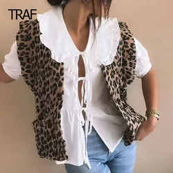 TRAF Women's Vest Spring 2024 Leopard Print Waistcoat V-Neck Short Sleeve Cardigan New In Outerwears Elegant Fashion Ladies Vest