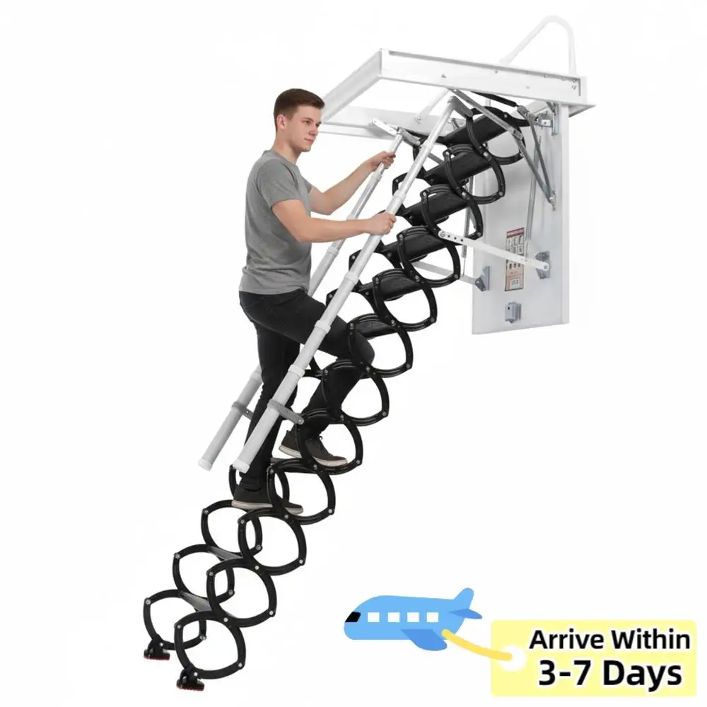 

12 Steps Ceiling Mounted Attic Ladder with Handrails Retractable Ceil Stairs 660LBS Capacity Height Adjustable for Rough Opening