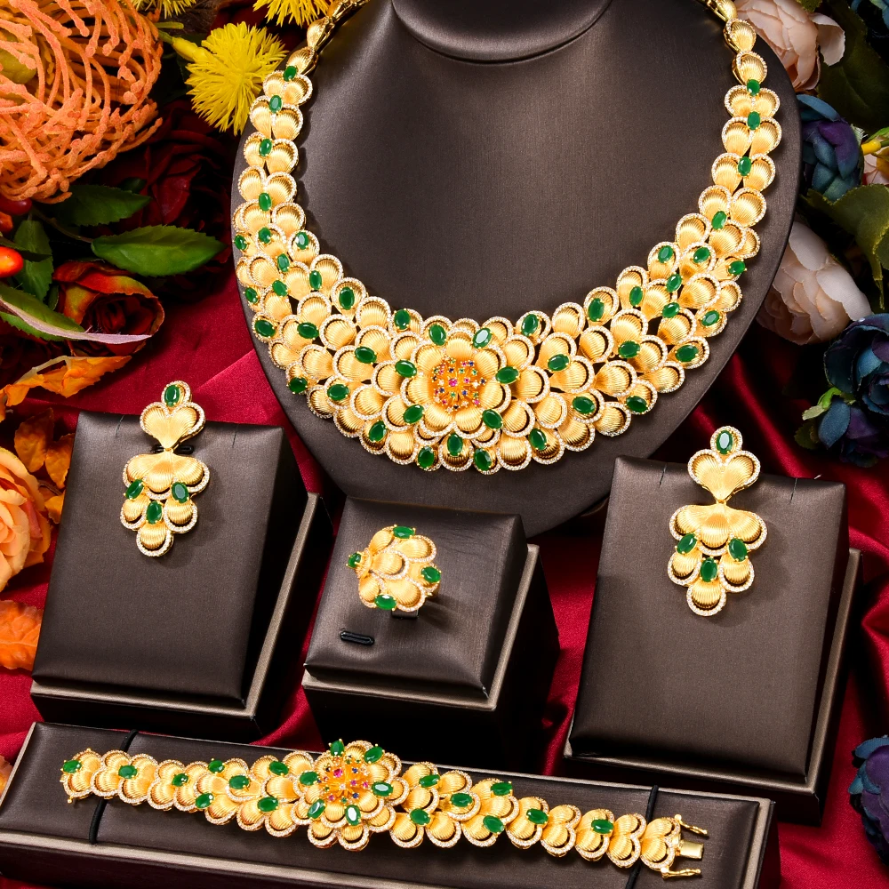 Missvikki Luxury Red Green Necklace Bracelet Earrings Ring Jewelry Sets For Africa Dubai Women Wedding Bridal Jewelry Set