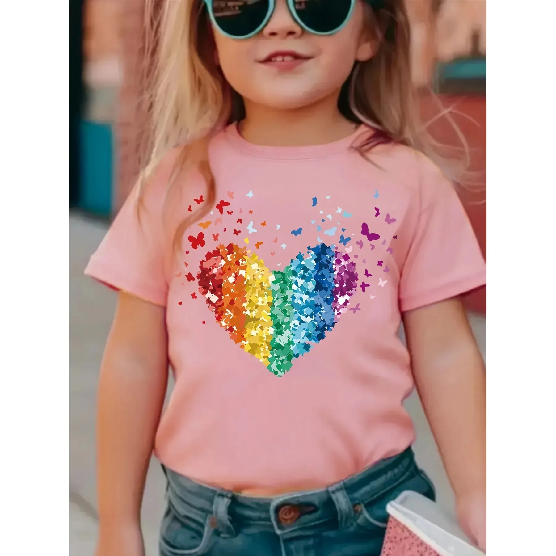 Mädchen Regenbogen-Herz Pailletten T-Shirt Kinder Sommer Baumwolle Kurzarm-Oberteil Kleinkind Mädchen Kleidung Schwarzes T-Shirt Niedlicher Schmetterlingsdruck – Detail 6