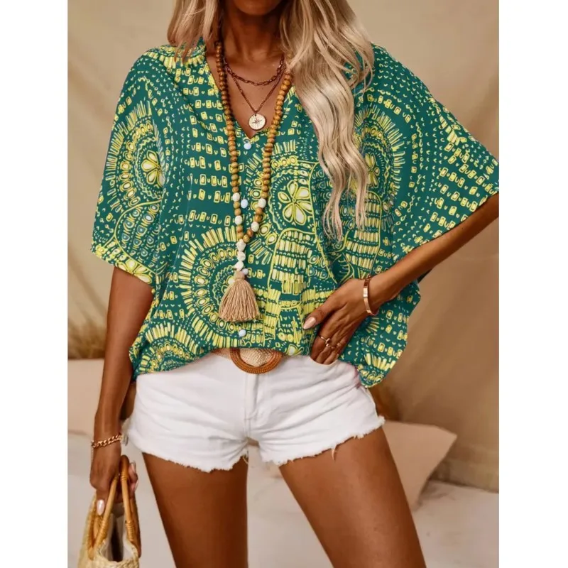 Fashion Print Loose Women Blouses & Shirts Summer New V-Neck Vacation Style Batwing Sleeve Loose Blouse Casual Tops