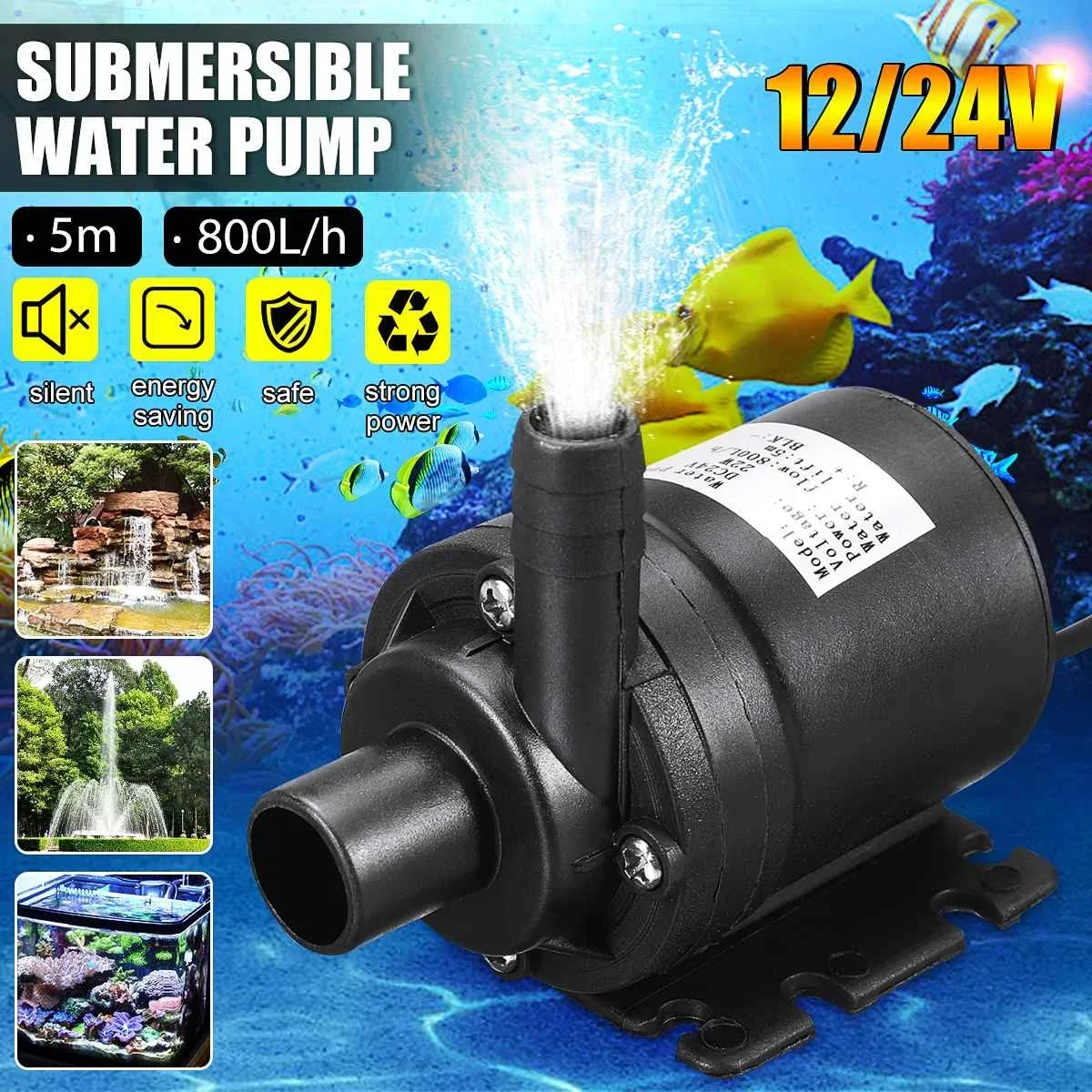 

DC 12V 24V 800L/H 5m Solar Brushless Motor Hot Water Circulation Watering Washing Pump Large Flow Submersible Water Pump 12V