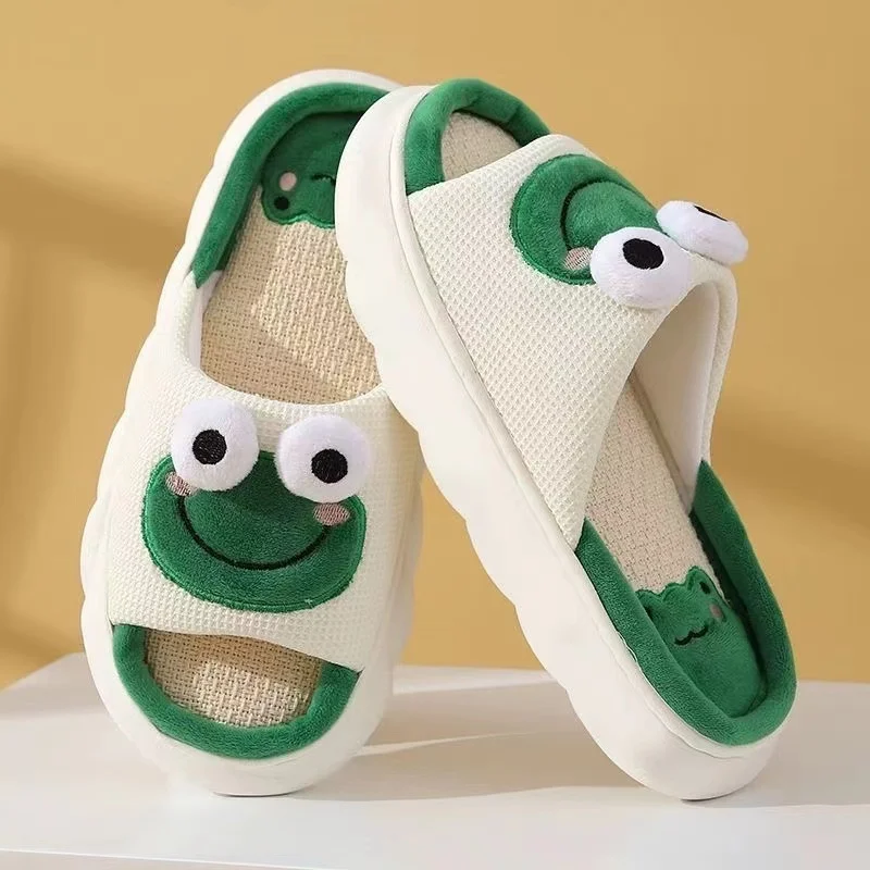 Donne Cartoon Frog pantofole inverno caldo Indoor Home Slides lino suola spessa coppia pantofola camera da letto scarpe antiscivolo sandali