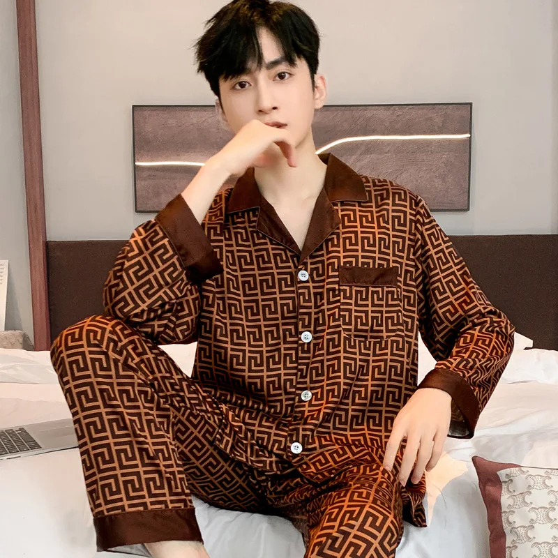 Fashionable Luxury Spring Ice Silk Men\'s Pajamas Long Sleeve Pants Thin Pyjamas Summer Youth Homewear Set Sleepwear-set Male