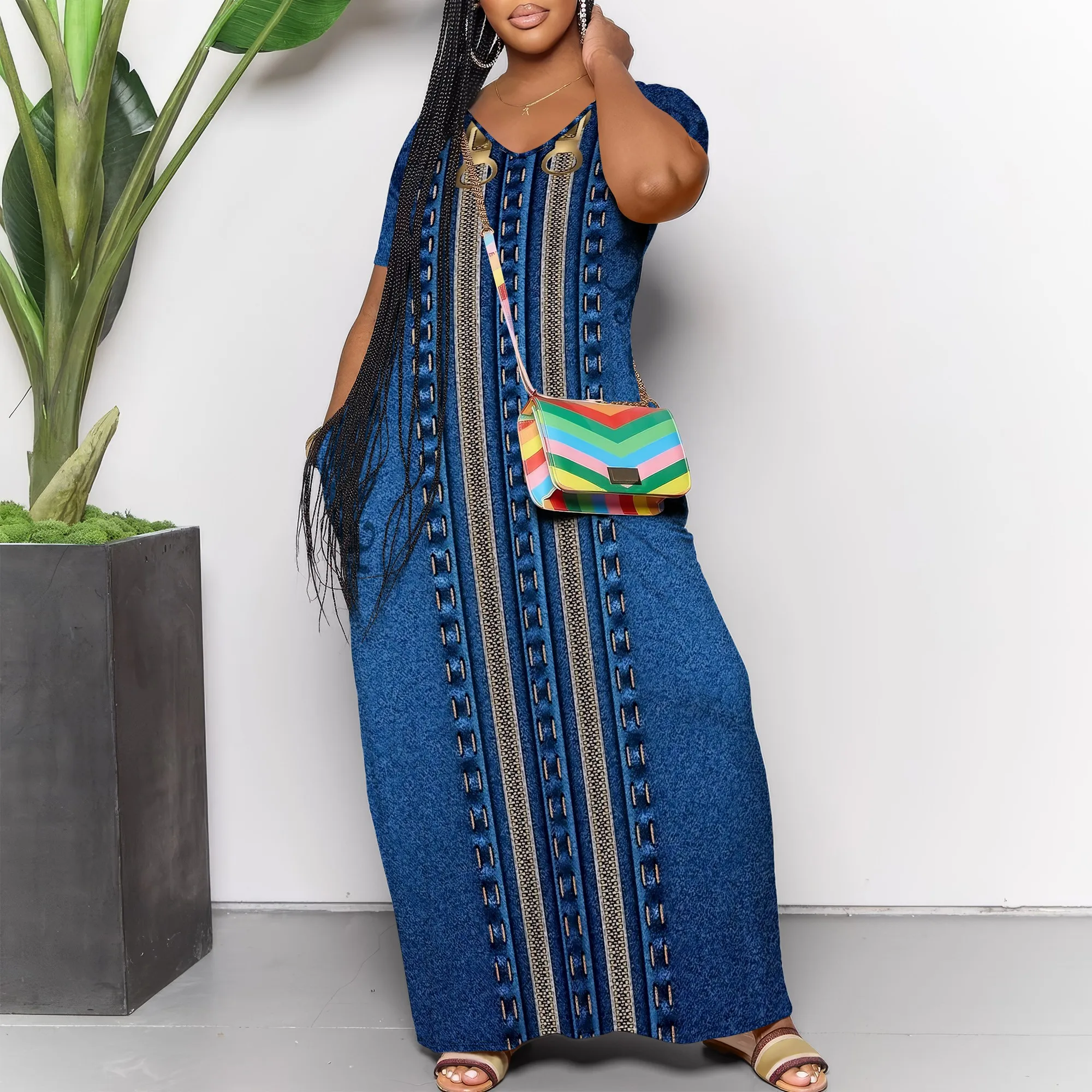 

Women's Striped Polyester Denim Style Sleeveless Dress Blue Slit Casual Party