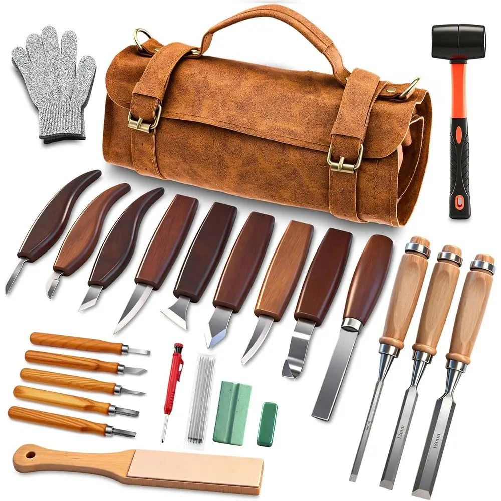 

25-Piece Wood Carving Set with Leather Bag, Perfect for Woodworking Hobbies and Beginners' DIY Projects
