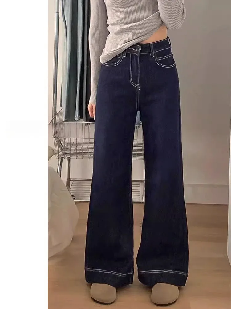 딥 블루 A라인 와이드 레그 진 여성용 루즈 슬림 스트레이트 레그 팬츠 배형 체형용 하이웨이스트 캐주얼 데님
