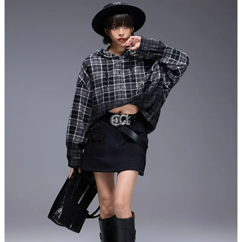 Women Autumn Hooded Shirts Gradient Cotton Long-sleeved Plaid Blouses  American Street Loose Trend Casual Tops Clothing Female