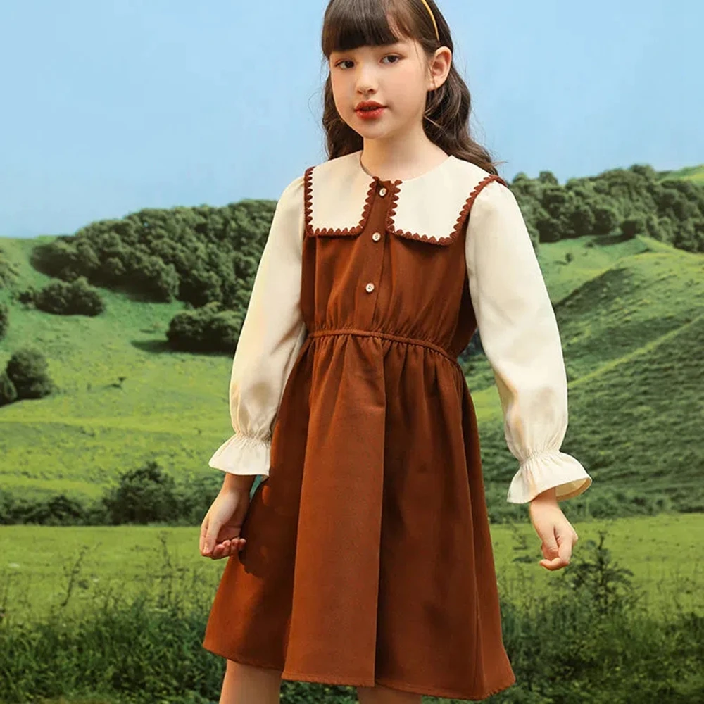 

Spring Kids Clothes Girls Fashion Children Long Sleeve Dress for Girls Patchwork Corduroy Princess Dresses 6-14Year Girls Dress