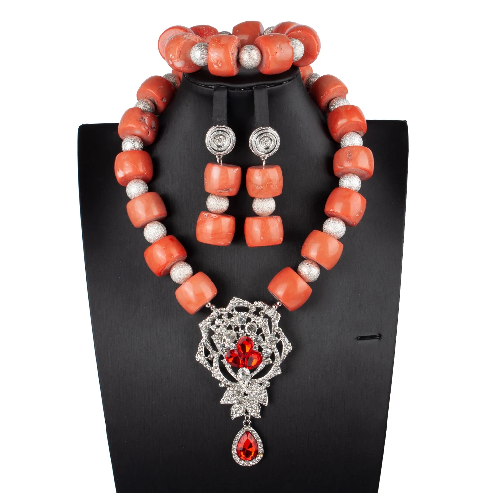 Big Real Coral Bead Traditional Nigerian Wedding African Coral Beads Jewelry Set Women Party Anniversary Gift JewelryABS201