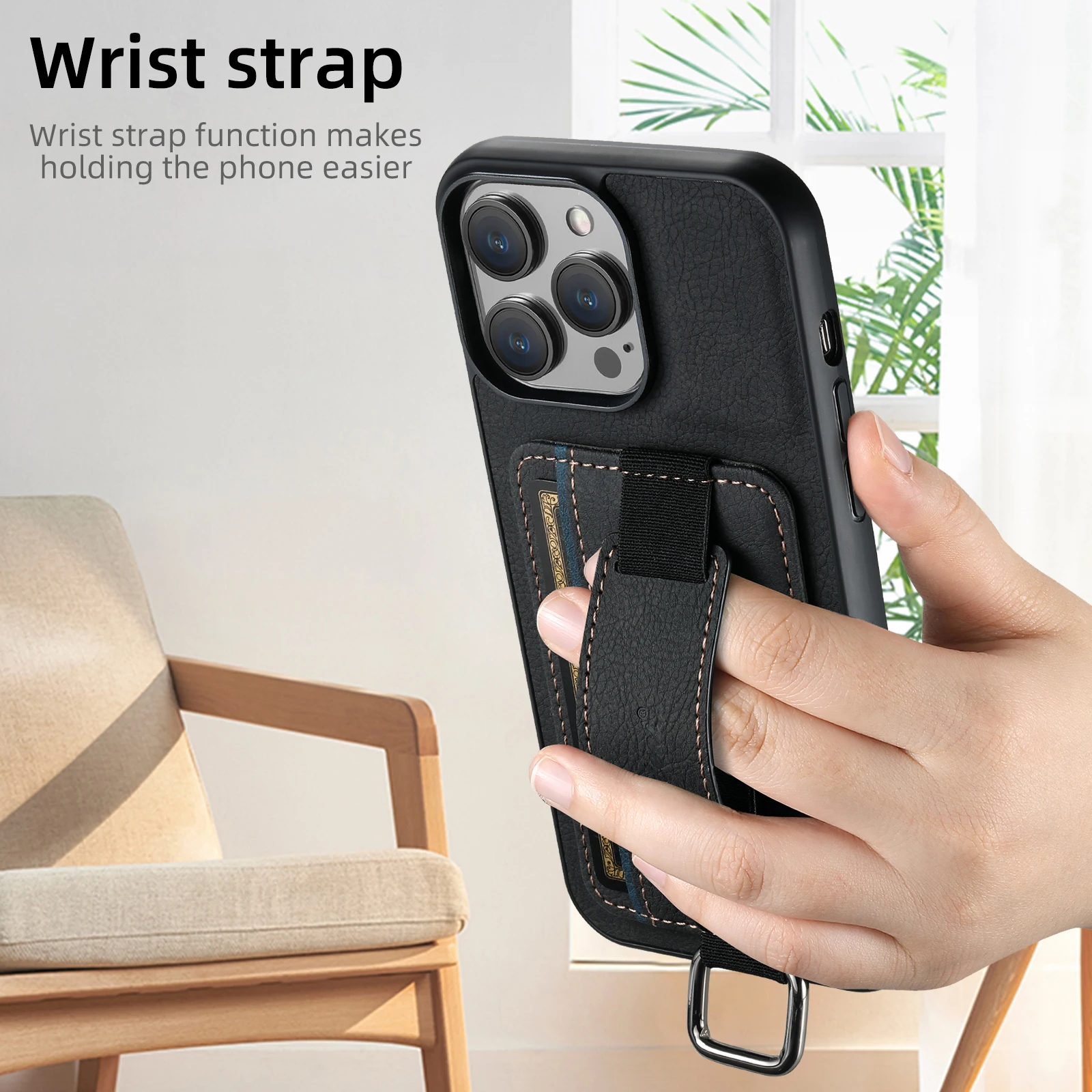 SUTENI Lychee-Haut-Print Handgelenkband Karten-Handyhülle Kartenhalter für iPhone 17 Pro Max 16 Plus 15 14 13 12 11 XR XS – Detail 24