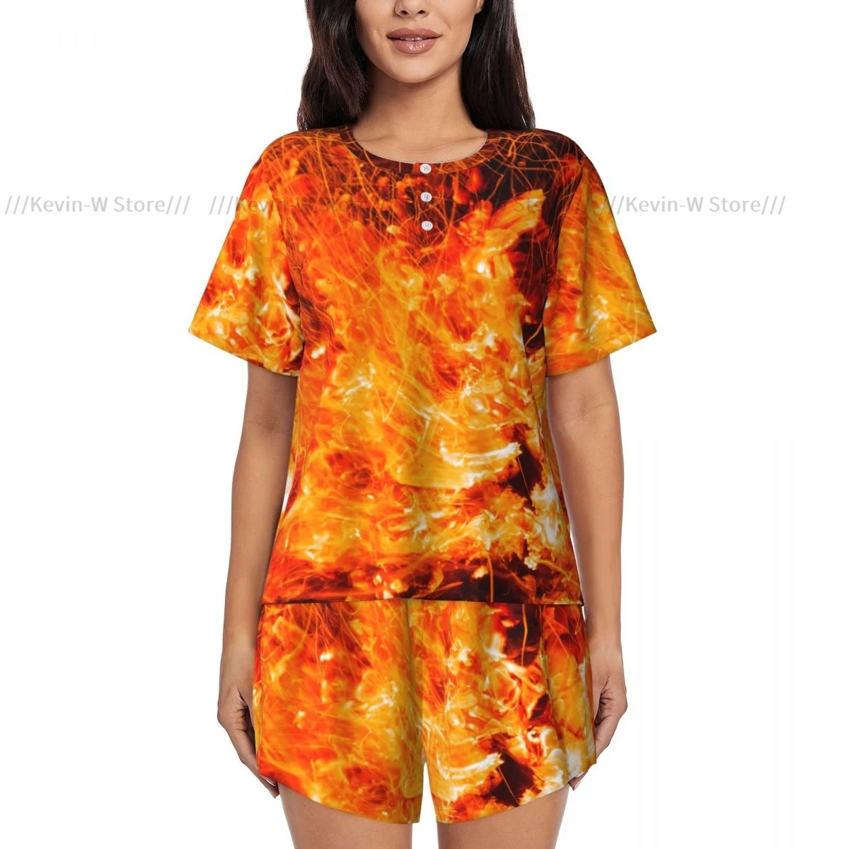 Women Pajamas Set Abstract Burning Fire With Sparks Homewear Two-Piece Short-Sleeved Short