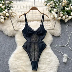 Sexy Lace Covered Button Camis Bodysuit Fashion One Piece Basic Hotsweet Women Solid Gothic Slim Streetwear Straps Jumpsuit Ins