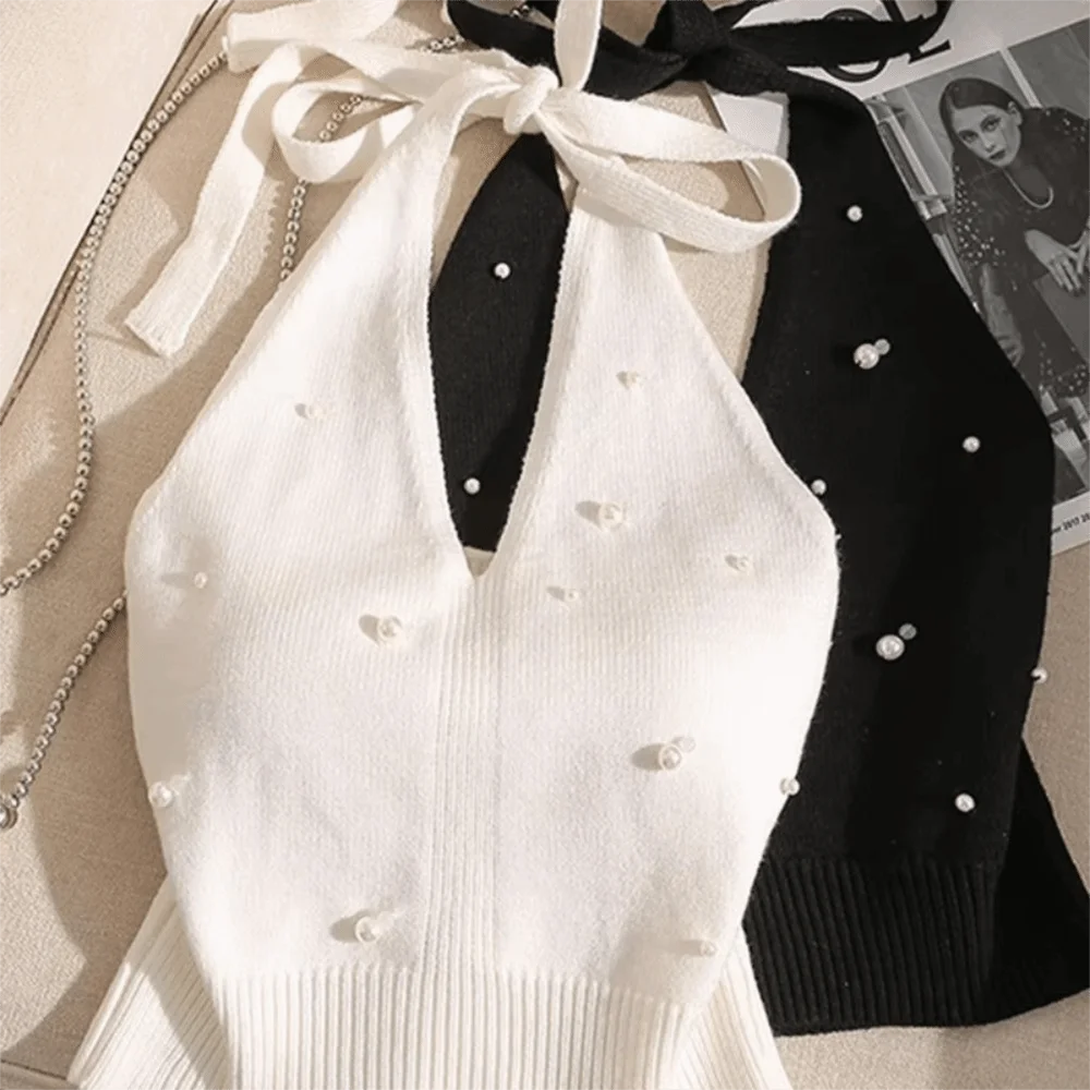 Backless Design French Beaded Vest Beaded Embellishment Knitted Fabric Halter Neck Vest Halter Style Tie Knot Detail