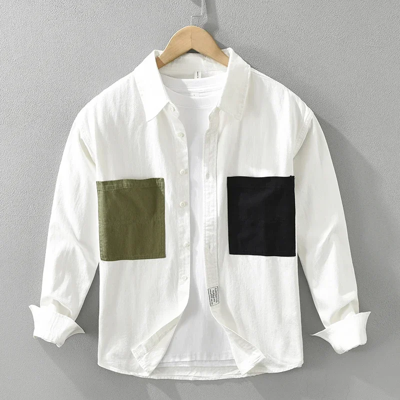 2024 Fashion Patchwork  Shirts for Men Long Sleeve Turn-down Collar Single Pocket Tops Male Pure Cotton Button Up Shirt Clothing